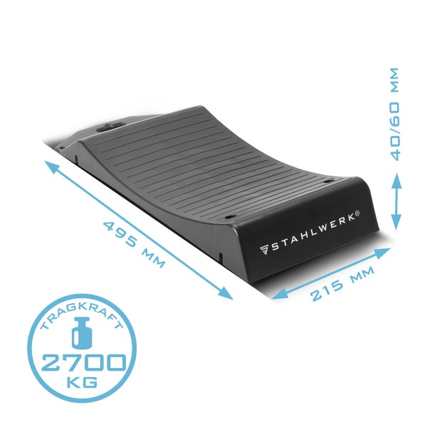Stahlwerk Auffahrrampe mit einer Länge von 495 Millimeter, einer Breite von 215 Millimeter, einer Höhe von 40 bis 60 Millimeter und einer Tragkraft von 2700 Kilogramm.