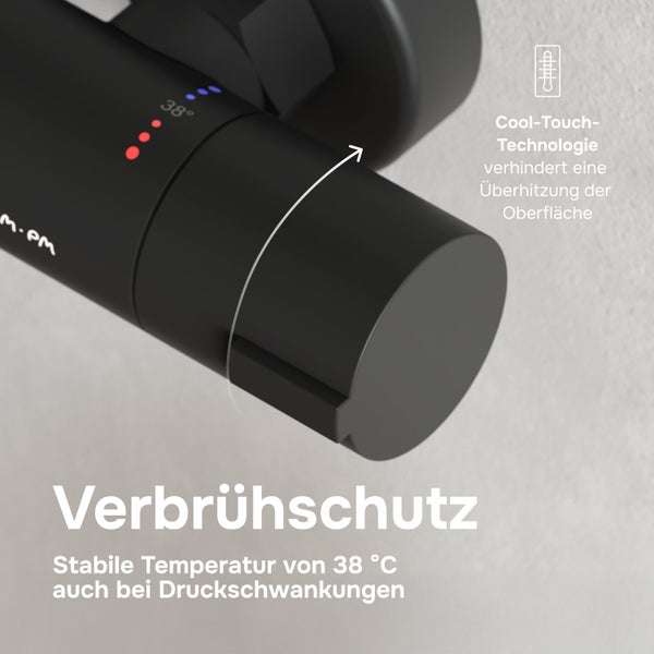 Duschthermostat mit Cool Touch Technologie und Verbrühschutz bei 38 Grad Celsius.