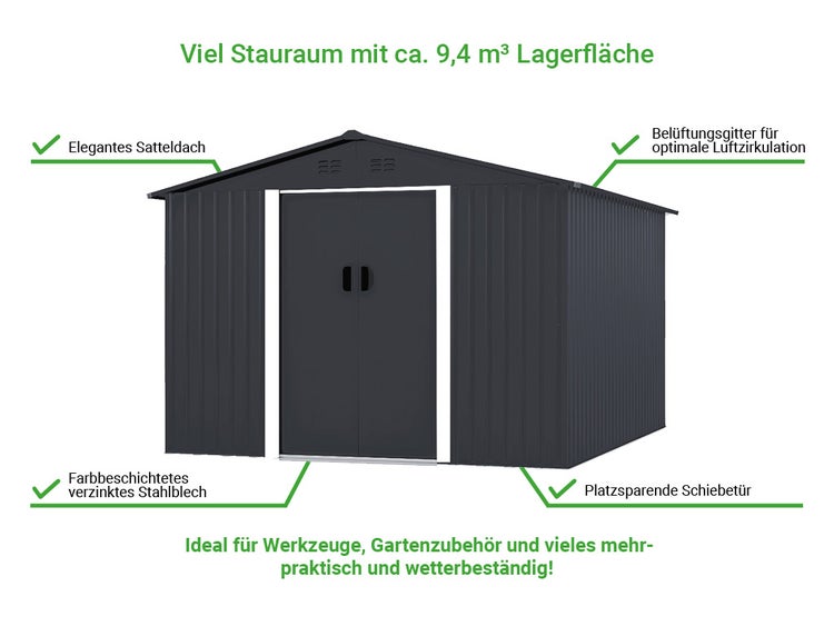 Gerätehaus aus verzinktem Stahlblech mit Satteldach, Belüftungsgitter und Schiebetür. Lagerfläche von circa 9,4 Kubikmetern.