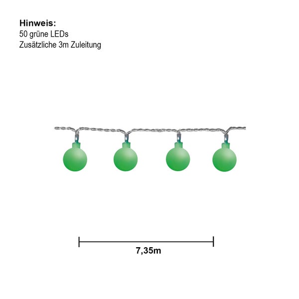 Lichterkette mit 50 grünen LEDs und einer Zuleitung von 3 Metern, Gesamtlänge 7,35 Meter.
