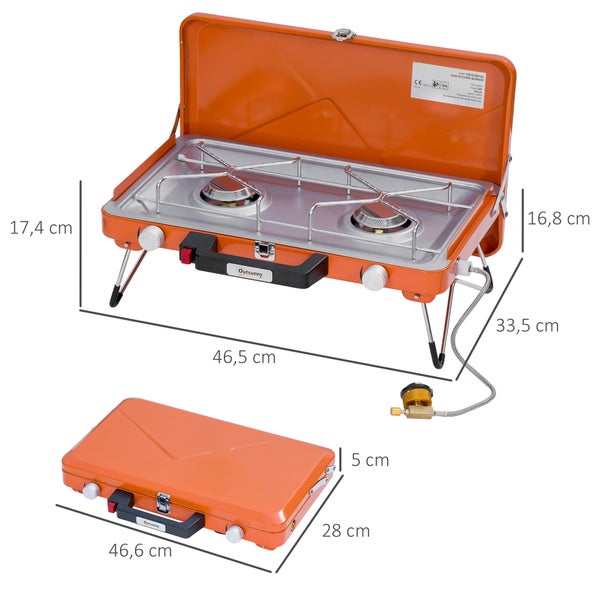 Outsunny Gasgrill, Tischgrill, BBQ mit 2 Brennern, für Picknick, Garten, 46,5 x 33,5 x 17,4 cm, Edelstahl+Metall, Orange
