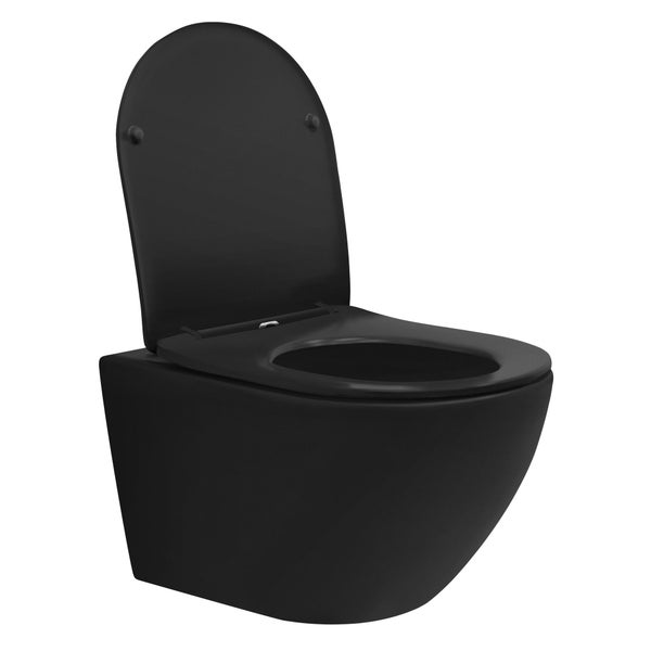 ECD Germany Hänge-WC lang, spülrandlos, schwarz matt, Wand-WC mit WC-Sitz abnehmbar aus Duroplast Softclose Absenkautomatik, Tiefspüler langer Ausladung 52 cm, Toilette aus Sanitärkeramik, Tiefspül-WC