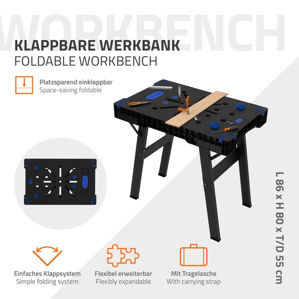 ECD Germany Werkbank klappbar, 86x55x80 cm, Werktisch erweiterbar, bis 150 kg belastbar, Aufgedruckte 2 Messskalen, große Arbeitsfläche, Sägebock Arbeitstisch Werkstatt mit Metallbeinen und Tragegriff