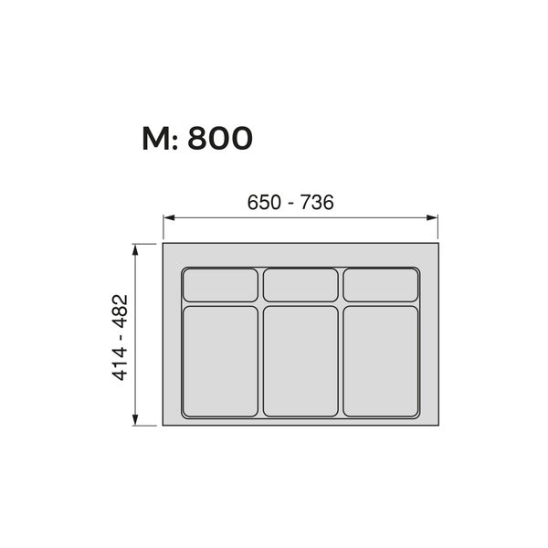 Maßzeichnung Besteckeinsatz für Schrankbreite 800 Millimeter, Breite 650 bis 736 Millimeter, Tiefe 414 bis 482 Millimeter.
