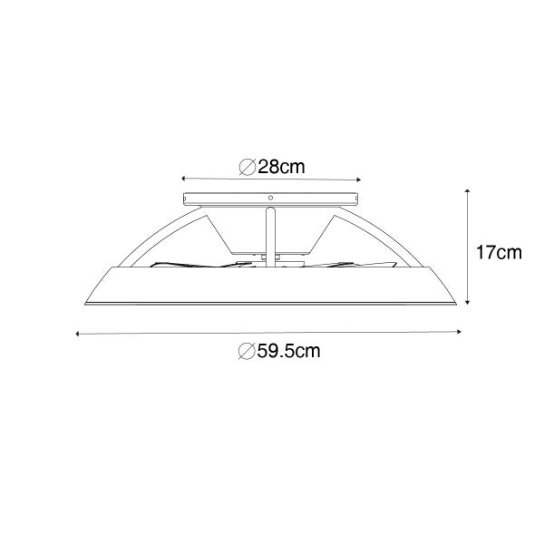 Technische Zeichnung Deckenventilator mit Licht: Basisdurchmesser 28 Zentimeter, Höhe 17 Zentimeter, Gesamtdurchmesser 59,5 Zentimeter.