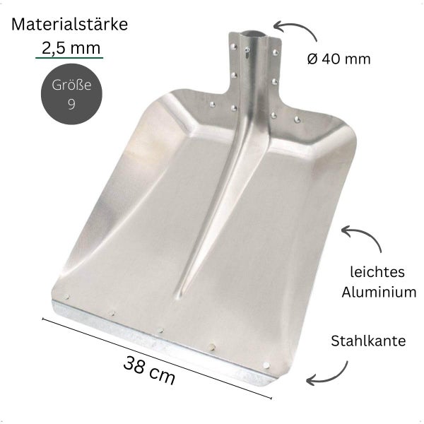 Schneeschaufelblatt aus Aluminium mit Stahlkante, Größe 9, Materialstärke 2,5 Millimeter und Stieldurchmesser 40 Millimeter.