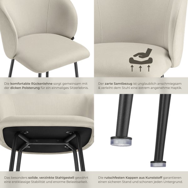 Detailansichten eines Stuhls mit Samtbezug und Stahlgestell, der Komfort, Stabilität und Bodenschutz bietet.
