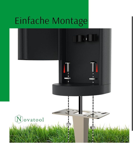 Einfache Montage einer Novatool Außenleuchte auf einem Erdspieß mit Schrauben und Muttern.