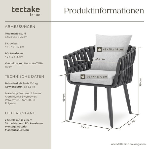 Gartenstuhl mit tectake home Logo, Maßen und technischen Daten. Maße circa 62,5 mal 65,5 mal 75 Zentimeter, Belastbarkeit 120 Kilogramm.