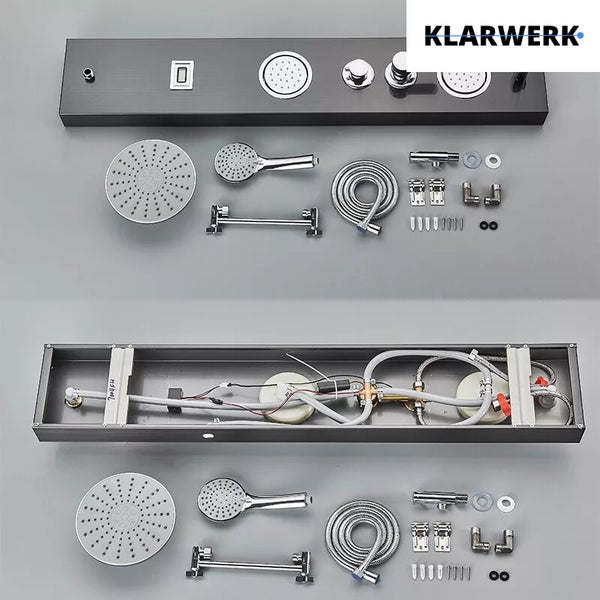 Klarwerk Logo. Duschpaneel mit Brausekopf, Handbrause, Schlauch und Installationsmaterial.