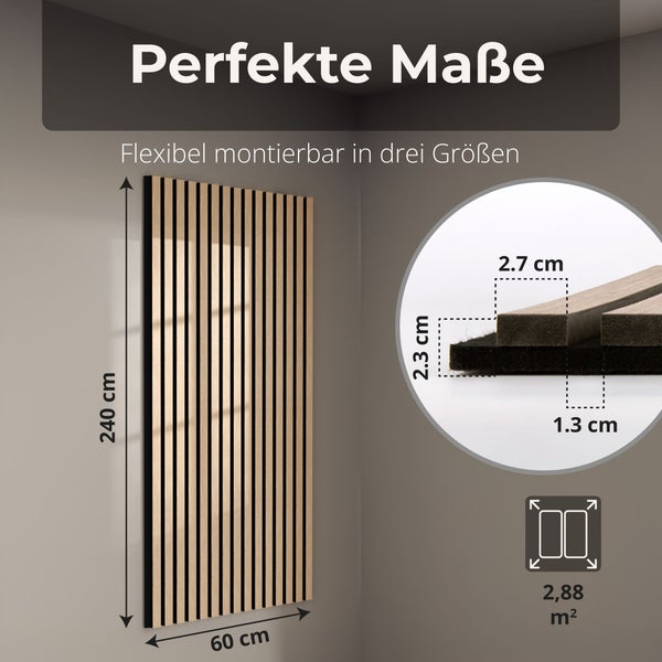 Akustikpaneel mit Holzlamellen, Höhe 240 Zentimeter, Breite 60 Zentimeter, Gesamtdicke 2,3 Zentimeter, Lamellenbreite 2,7 Zentimeter.