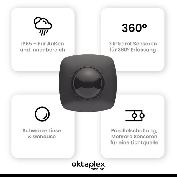 Oktaplex 360° Bewegungsmelder anthrazit IP65 für Außen und Innen Präsenzmelder 230V