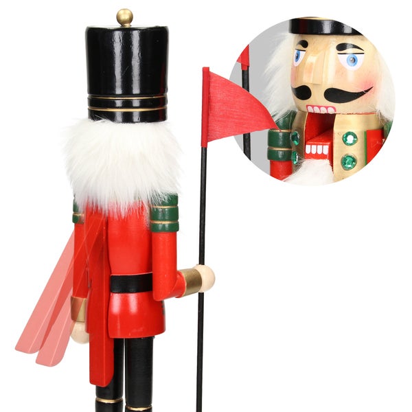 ECD Germany Nussknacker Figur Soldat 38cm mit schwarzer Hut, Fahne, aus Holz, Unikat, handbemalt, Weihnachten Holzfigur Puppet Marionette Ornament Traditioneller Nussbrecher Weihnachtsdeko Deko Statue
