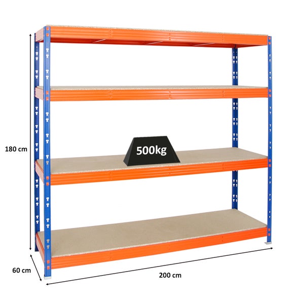 PROREGAL Profi Schwerlastregal Rhino HxBxT 180 x 200 x 60 cm 4 Spanplatten-Ebenen 16mm Fachlast 500 kg Blau/Orange