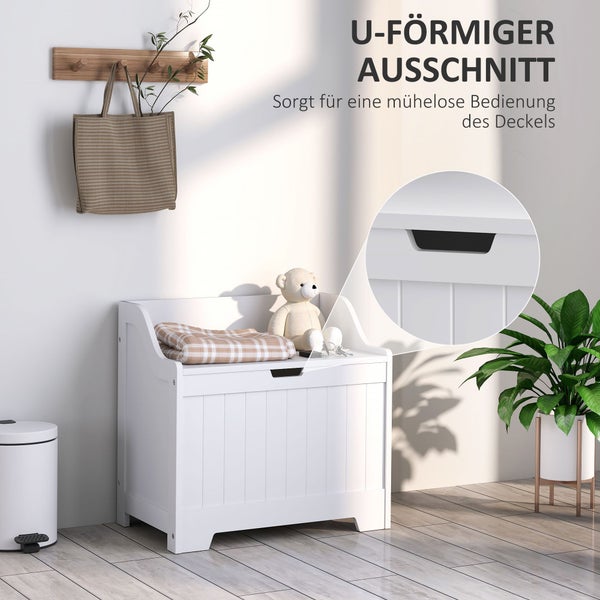 HOMCOM Truhe, Aufbewahrungsbox, Auflagenbox mit Sicherheitsscharnier, U-förmigem Ausschnitt, Gerätetruhe mit Deckel, für Wohnzimmer, Schlafzimmer, Weiß, 60 x 38 x 56 cm