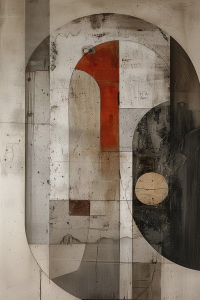 Abstrakte Komposition aus Rechtecken, Kreisen und Bögen in Grau-, Braun- und Rottönen