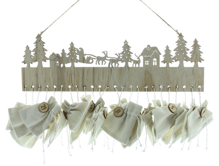Holz Adventskalender mit Stoffbeuteln und Weihnachtsmotiv
