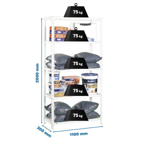 Weißes Metallregal mit 5 Fachböden, Maße 2000 Millimeter Höhe, 1100 Millimeter Breite, 300 Millimeter Tiefe, Traglast 75 Kilogramm pro Boden.