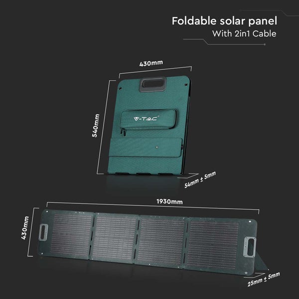 Faltbares Solarpanel mit den Maßen 430 x 540 mm im zusammengeklappten Zustand und 1930 x 430 mm im ausgeklappten Zustand.