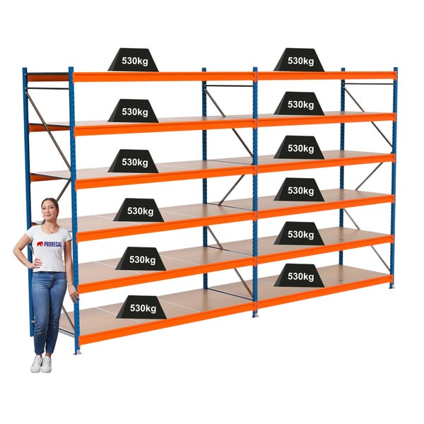 Belastbares Schwerlastregal mit Regalböden und Gewichtsangabe 530 Kilogramm pro Ebene