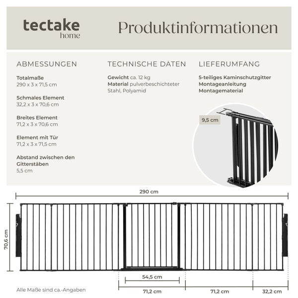 tectake home Logo. Produktinformationen für ein 5-teiliges Kaminschutzgitter mit Abmessungen, technischen Daten und Lieferumfang.
