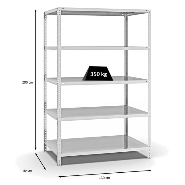 PROREGAL Fachbodenregal Schraubsystem Heavy-Duty Grundregal HxBxT 200 x 130 x 80 cm 5 Ebenen Fachlast 350 kg Beidseitig Nutzbar Lichtgrau