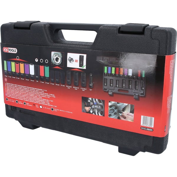 KS Tools Logo. Schlag-Steckschlüsselsatz für Radverschraubungen, 17-teilig, im Koffer.