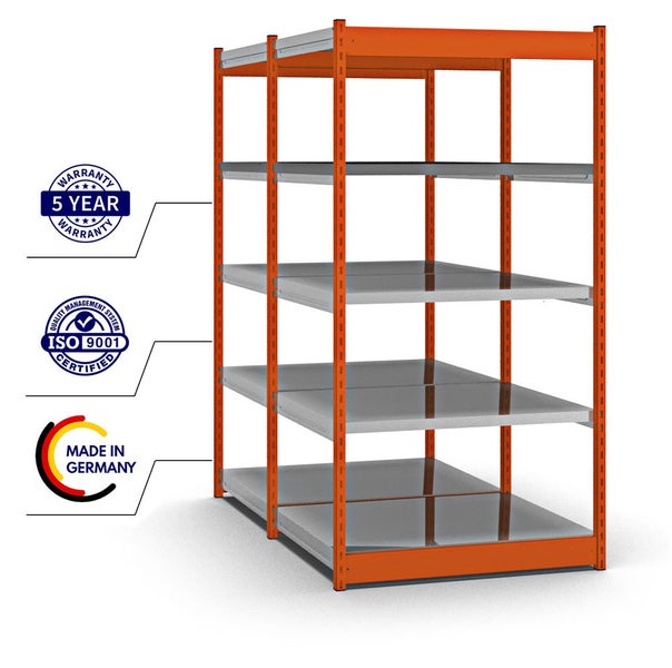 PROREGAL Fachbodenregal Stecksystem Vierkant-Profil Grundregal HxBxT 200 x 102,5 x 80 cm 2x5 Ebenen Doppelseitige Bauart Fachlast 200 kg Orange