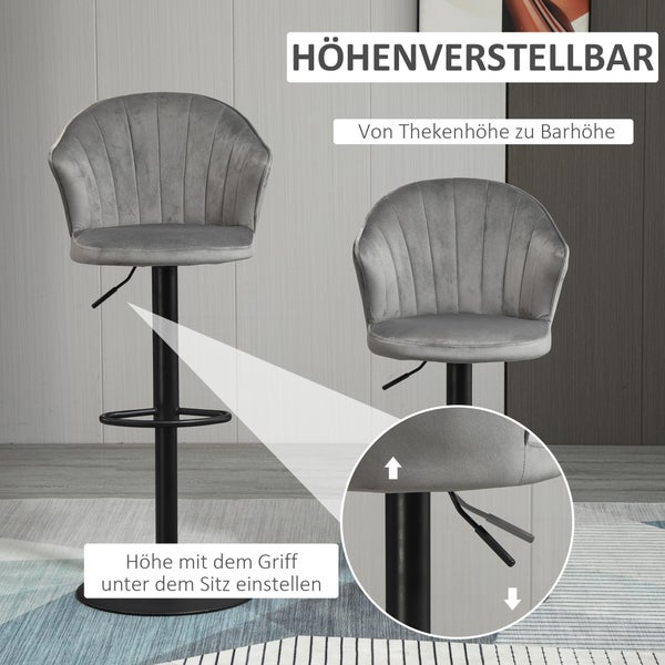 HOMCOM 2er-Set Barhocker drehbare Barstühle mit Lehne Samt Touch Bistrohocker höhenverstellbarer Tresenhocker armloser Schaumstoff Grau 54 x 56 x 91-111 cm