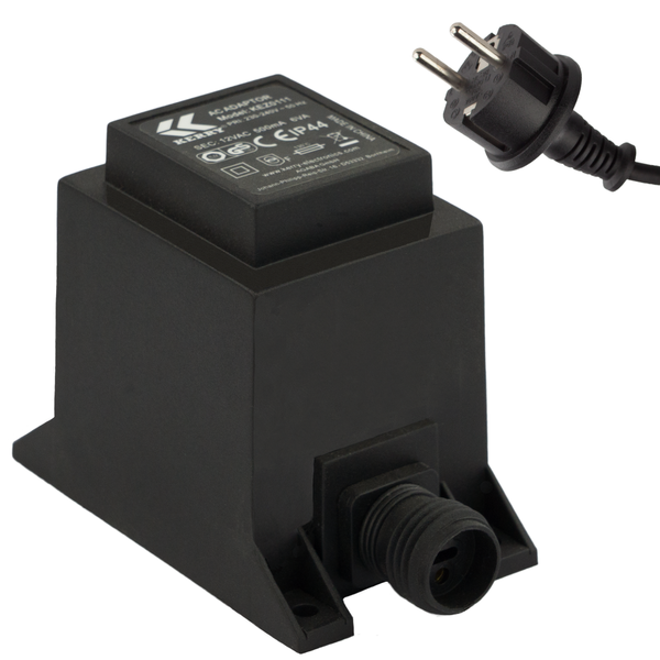 Schwarzer Wechselstrom-Adapter Transformator mit Netzstecker, 12 Volt Wechselstrom, 500 Milliampere, Schutzart IP44.
