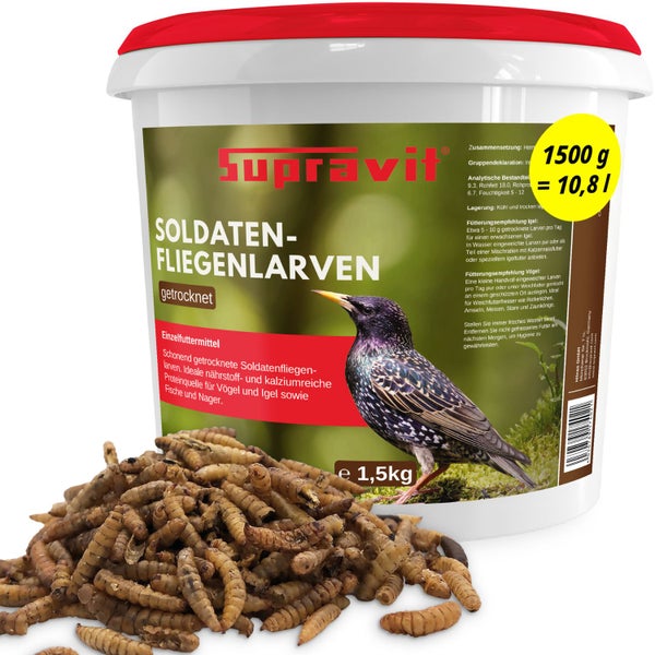 Supravit Soldatenfliegenlarven als Einzelfuttermittel für Vögel und Igel im 1,5 Kilogramm Eimer.