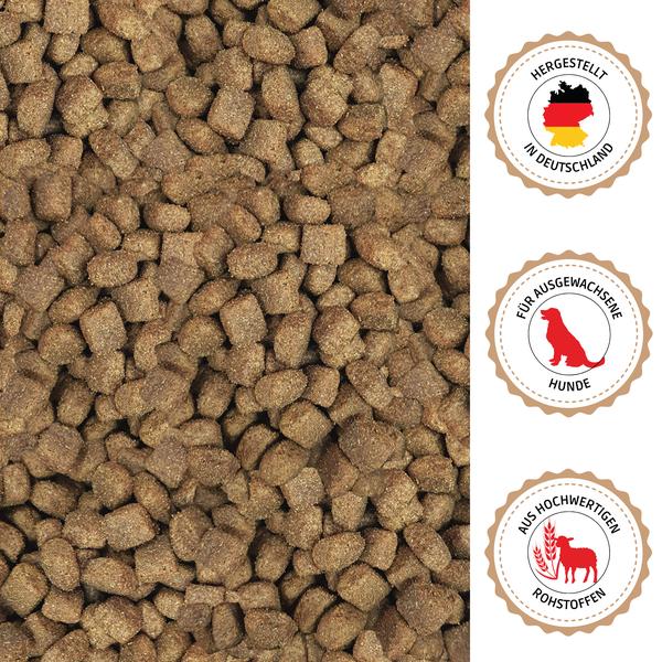 Hundefutter für ausgewachsene Hunde, hergestellt in Deutschland, aus hochwertigen Rohstoffen