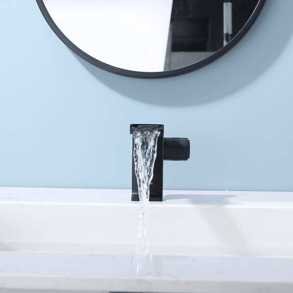 EcoRain 30% Wassersparender Waschtischarmatur mit Wasserfall George - Aus Messing und Keramikscheiben - Universeller Anschluss - Anti-Kratz-Beschichtung - Schwarz