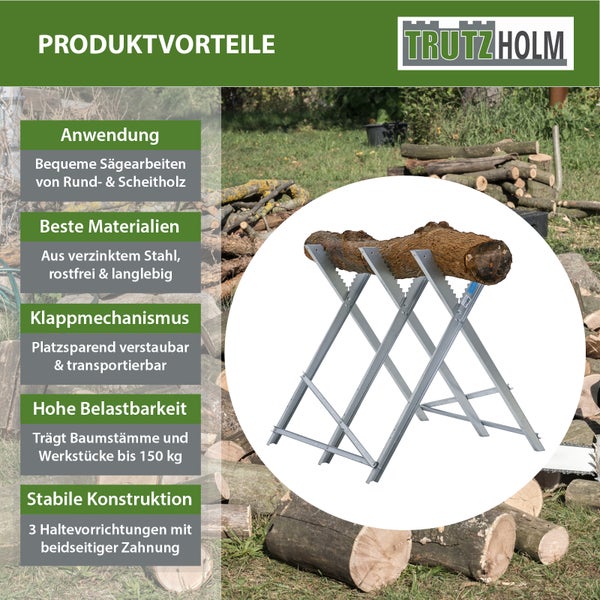 TrutzHolm Logo. Holzschneidebock aus verzinktem Stahl mit Holzstamm, klappbar, bis 150 Kilogramm belastbar, mit drei Haltevorrichtungen.