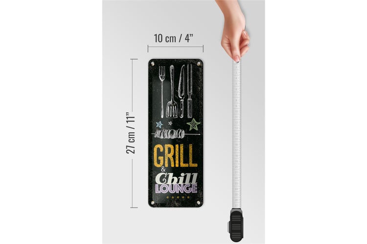 Blechschild Spruch Grill & Chill Fleisch Grillen 10x27cm Dekoration