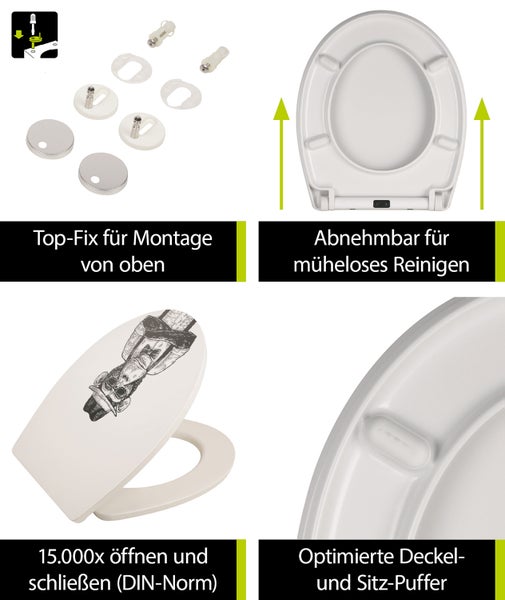 aquaSu® WC-Sitz mit Absenkautomatik, lustiges Dekor Stadtaffe, abnehmbar, antibakterieller Duroplast Toilettendeckel, Top-Fix Befestigung von oben, Standard O Form, Toilettensitz witzig, 406963