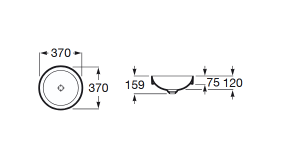 Zeichnung eines Aufsatzwaschbeckens mit Maßangaben