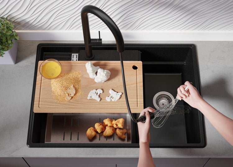 PRIMAGRAN Granitspüle Alles Schwarz 78x53cm, Spülbecken 2 Becken + Küchenarmatur 40x38cm + Ablauf-Set + Küchenzubehörset, Küchenspüle ab 80er Unterschrank - Paris