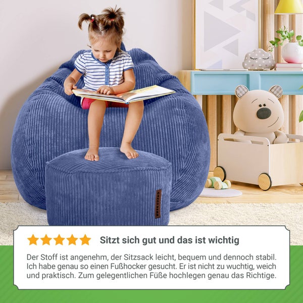 Green Bean 2er Set Indoor XXL Sitzsack + Pouf mit EPS-Perlen Füllung - Fußhocker Fußkissen Hocker Bodenkissen Liegekissen Sitzkissen Lounge Chair - Dunkelblau