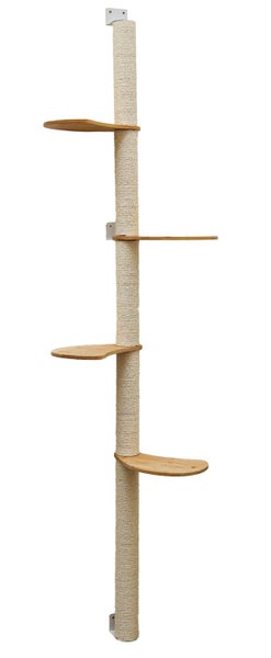 Wandkratzbaum für Katzen mit Sisalstamm und drei Liegeplattformen aus Holz zur Wandmontage