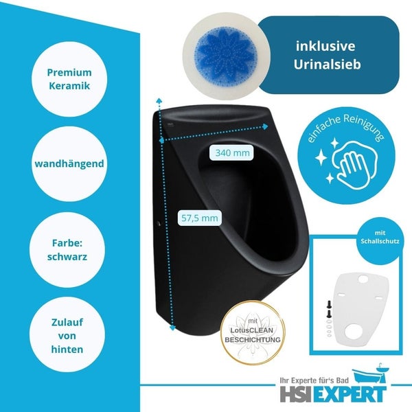 Schwarzes Wandurinal aus Premium-Keramik mit Urinalsieb
