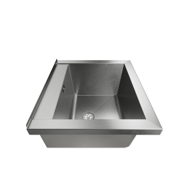Eckige Einbauspüle aus gebürstetem Edelstahl mit einem Becken und Überlauf.