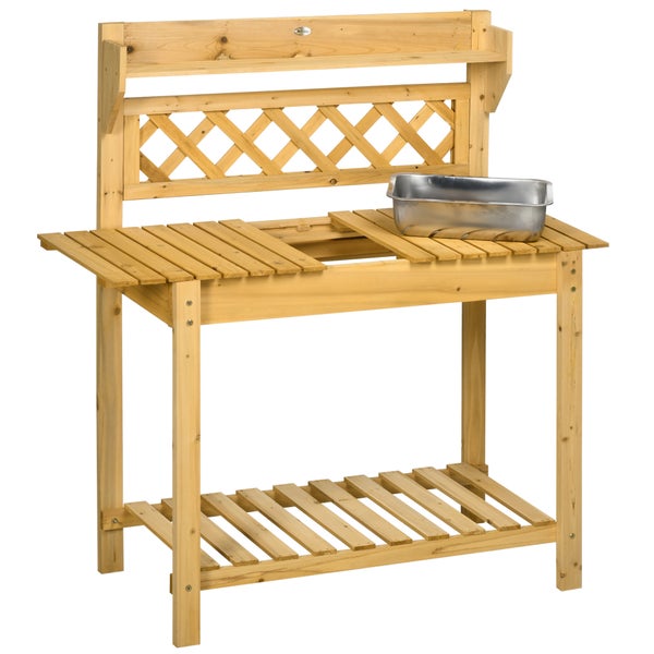 Outsunny Pflanztisch, Arbeitstisch mit ausziehbarer Tischplatte, 2 Ablagefächern, Gärtnertisch mit integriertem Edelstahl-Spülbecken, Blumentisch aus Massivholz, 92 x 45 x 120 cm, Braun