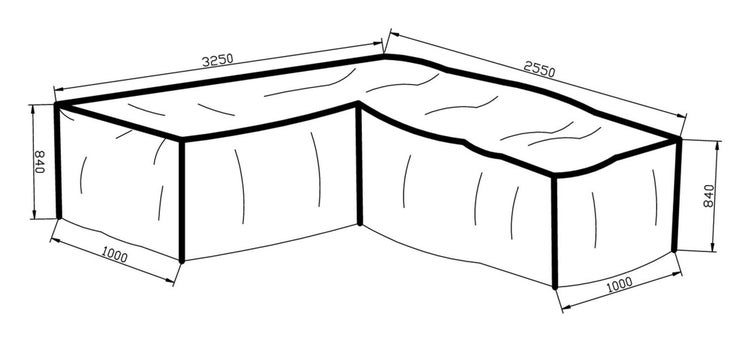 Zeichnung einer Eckbadewanne mit den Maßen 3250 x 2550 x 1000 x 840 Millimeter