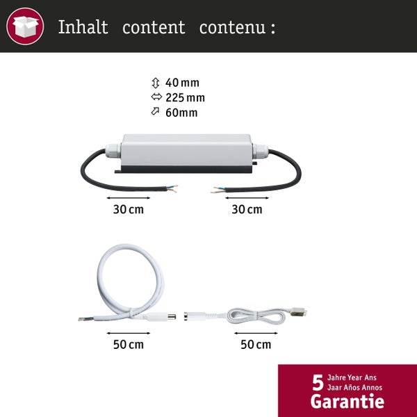 Lieferumfang LED-Treiber: Gerät 40 mal 225 mal 60 Millimeter, zwei Kabel 30 Zentimeter, zwei Kabel 50 Zentimeter, 5 Jahre Garantie.