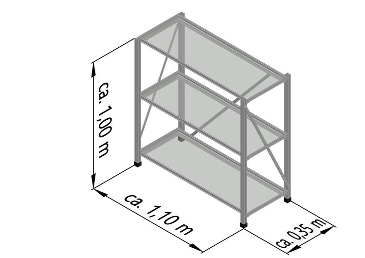 Gewächshausregal aus Metall mit drei Ebenen, Maße circa 1,00 Meter hoch, 1,10 Meter breit und 0,35 Meter tief.