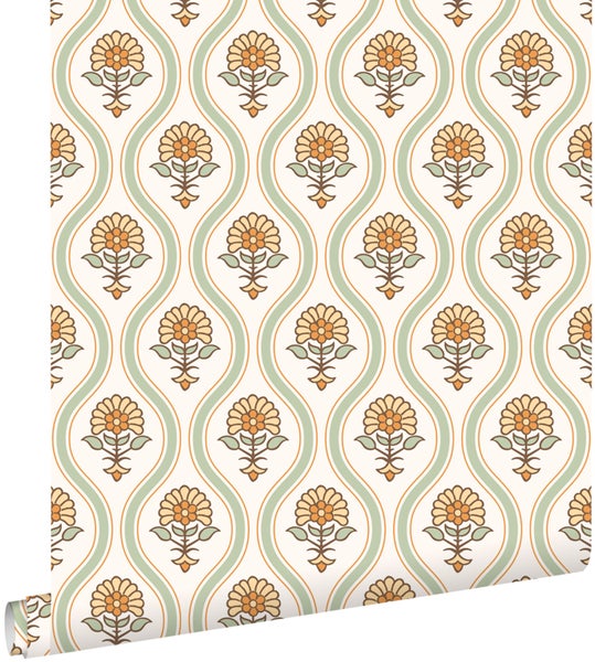Tapetenrolle mit Blumenmuster und gewellten Linien
