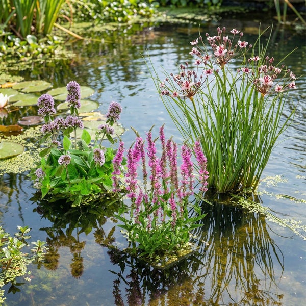 Verschiedene Teichpflanzen wie Wasserminze, Blutweiderich und Schwanenblume blühen in einem sonnigen Garten-Teich.
