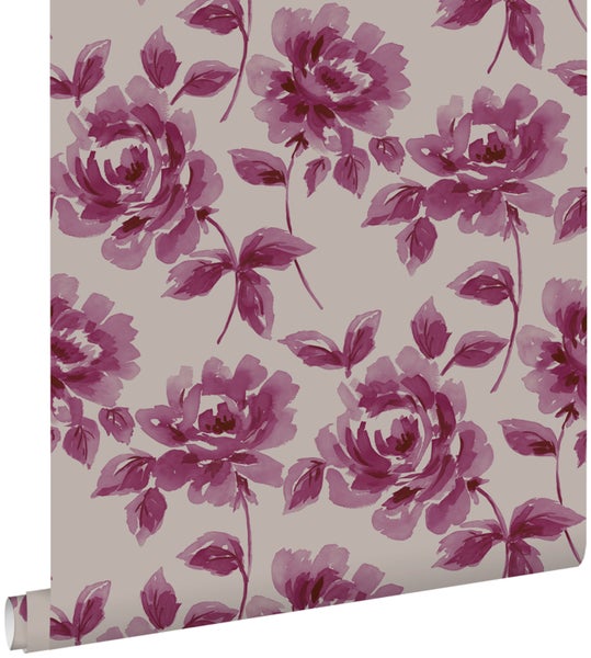 ESTAhome Tapete Aquarell gemalte Rosen Aubergineviolett und Taupe - 53 cm x 10.05 m - 128017