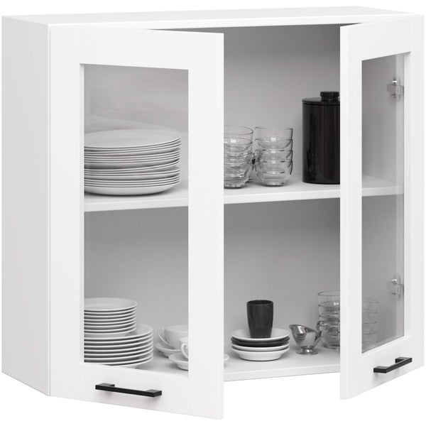 Weißer Küchenschrank mit Glastüren, ausgestattet mit Geschirr